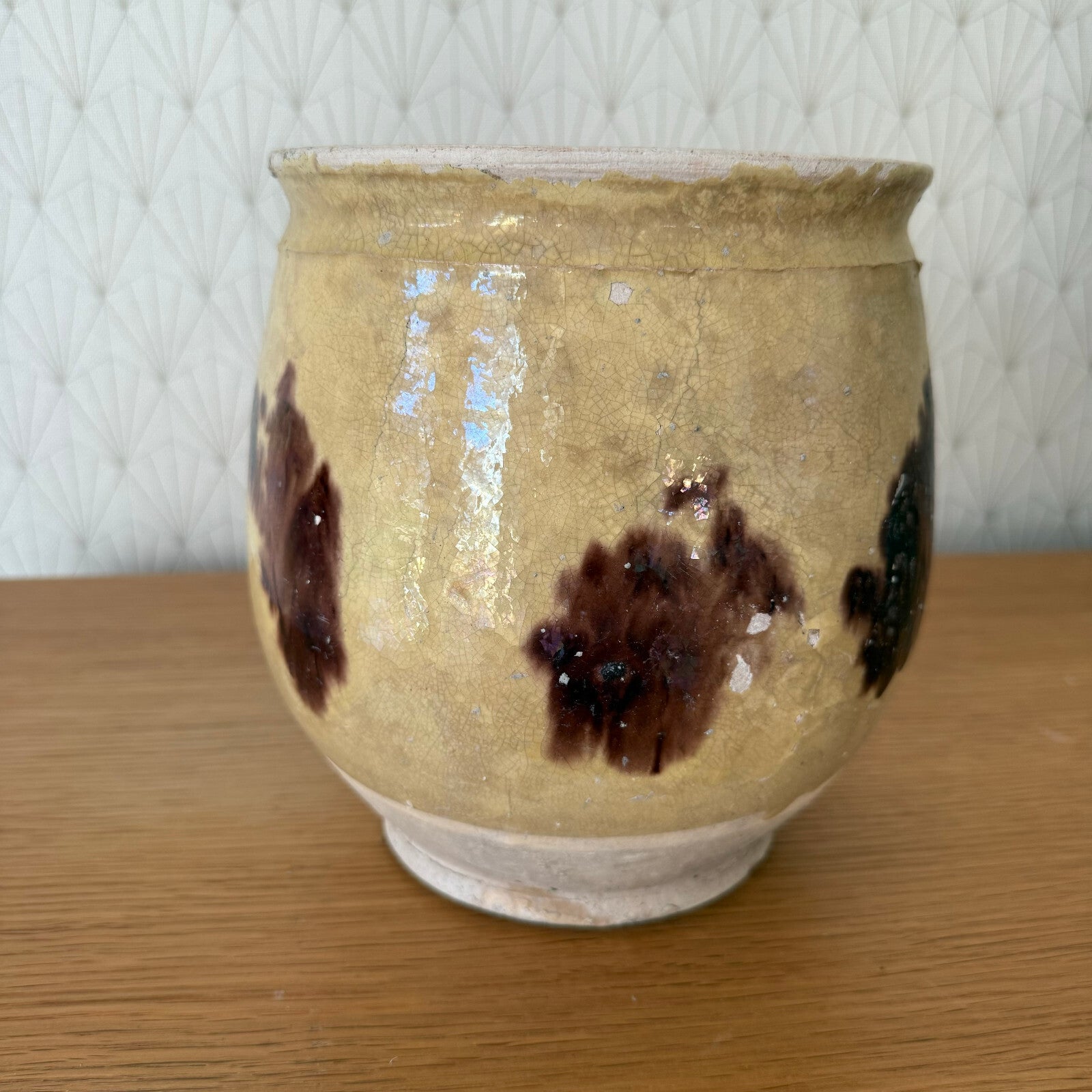 French Confit Pot Antique Yellow Terracotta Round Handmade 7¾" 0911247 Unmarked