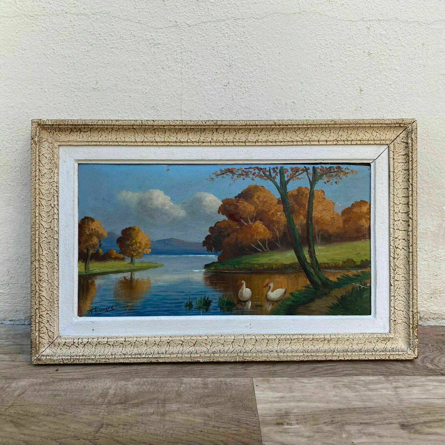 VINTAGE FRENCH ART LANDSCAPE PAINTING SIGNED LAKE SWANS 3001215 - Fleamarketfrance