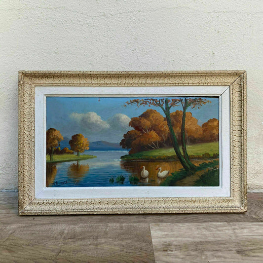 VINTAGE FRENCH ART LANDSCAPE PAINTING SIGNED LAKE SWANS 3001215 - Fleamarketfrance