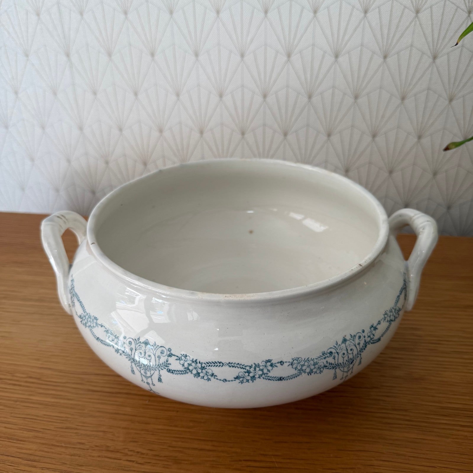 French Tureen Earthenware White Blue Fruits Bowl Terre De Fer GIVORS 2409254 Fleamarketfrance : French vintage and antique decor