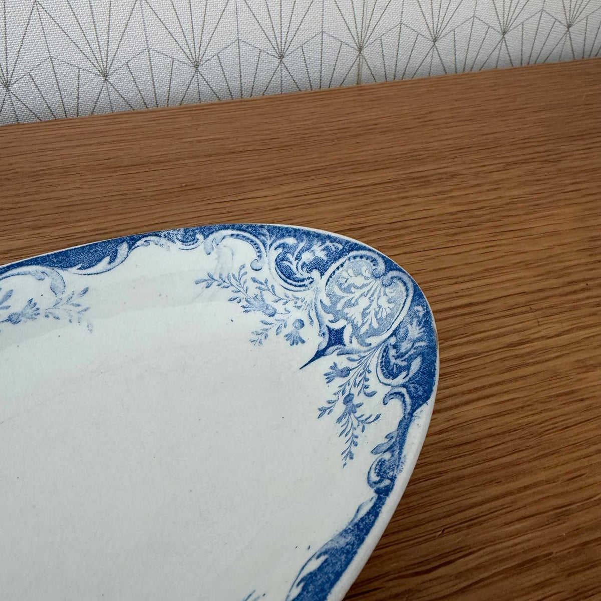 Underside of Luneville faience oval dish showing maker's mark and manufacturer's stamp