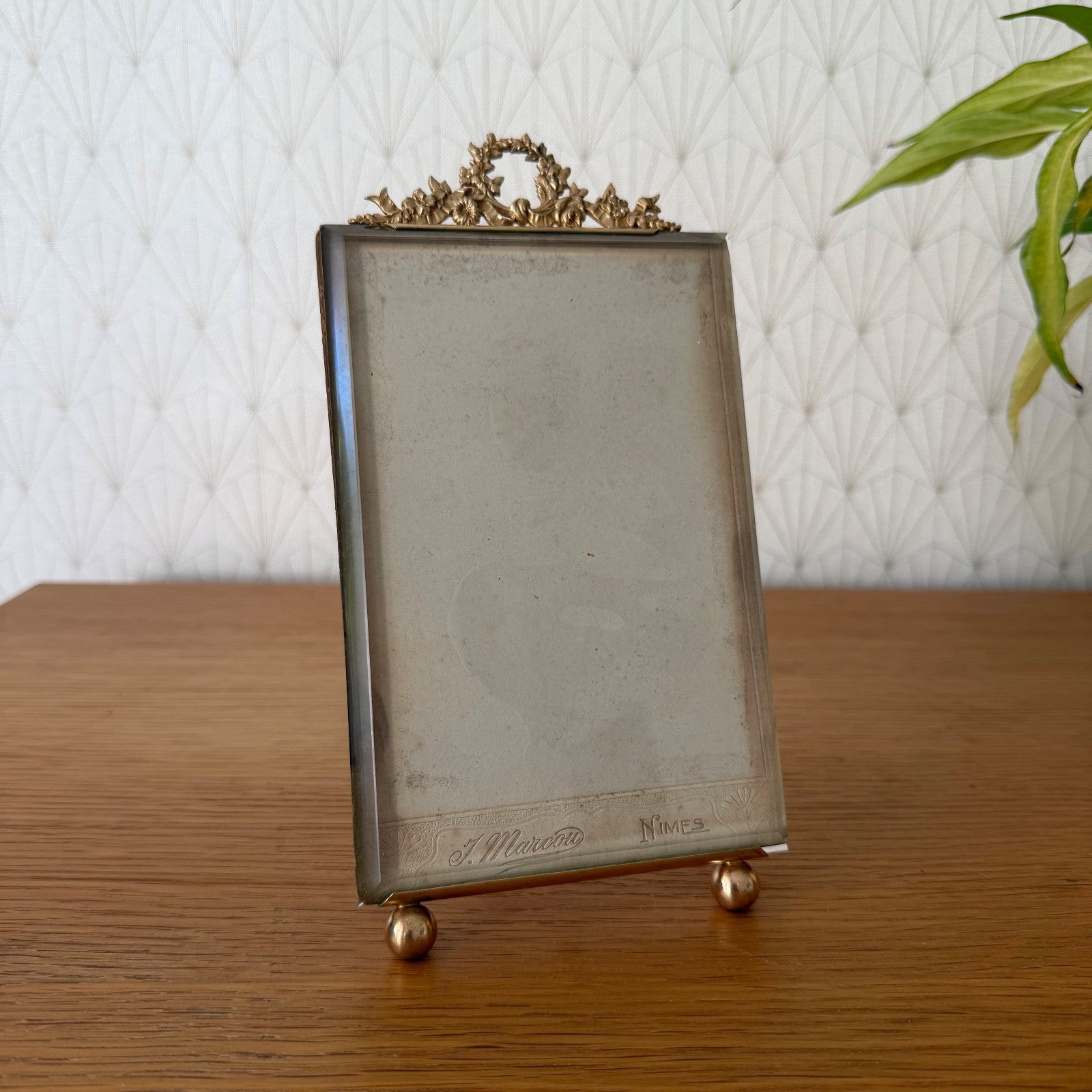 French Antique Brass Photo Frame Floral Crest Glass Standing 27062615 Fleamarketfrance
