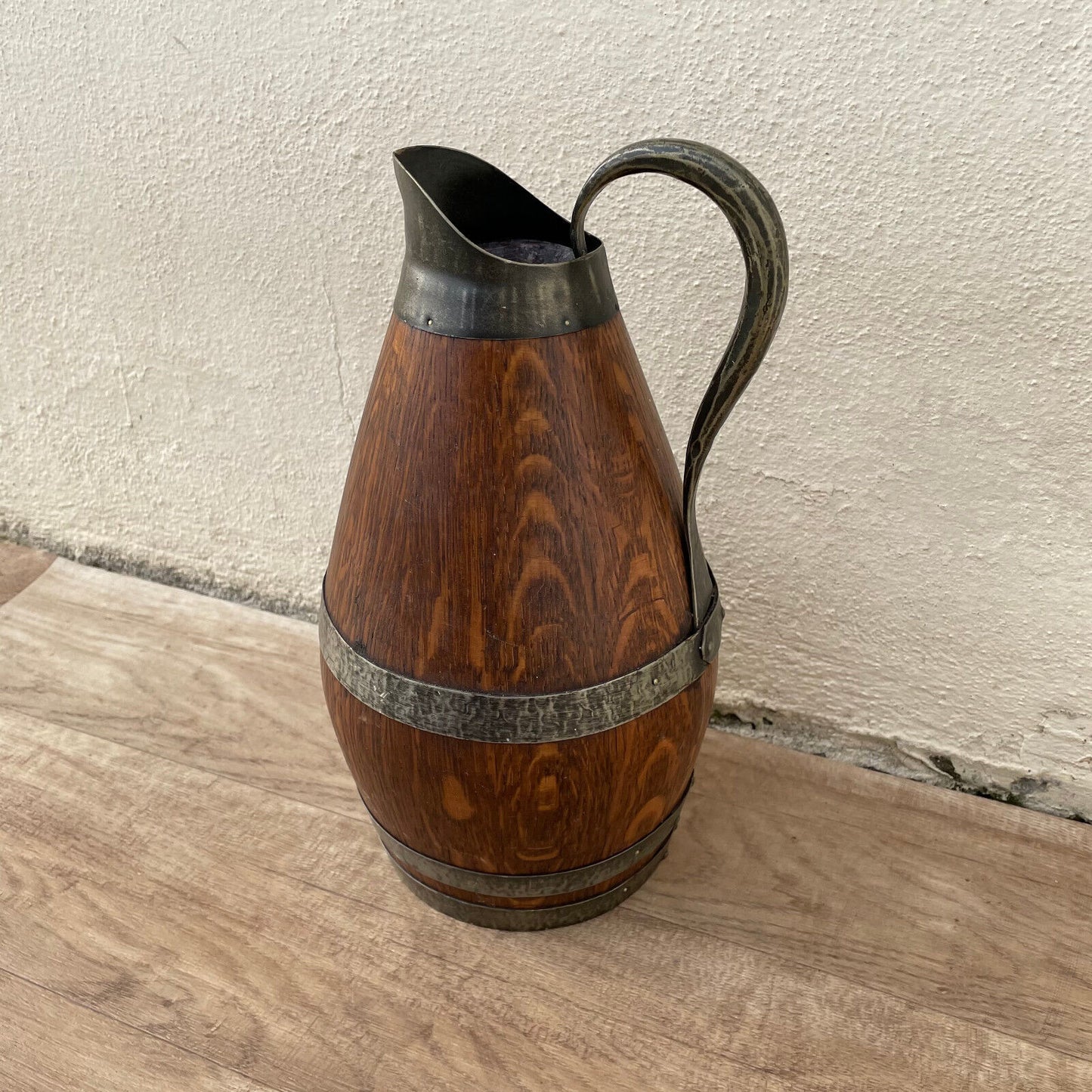 Vintage French Wooden Wine Cider Jug Pitcher Staved Wood Metal 11 1/2" 1303251