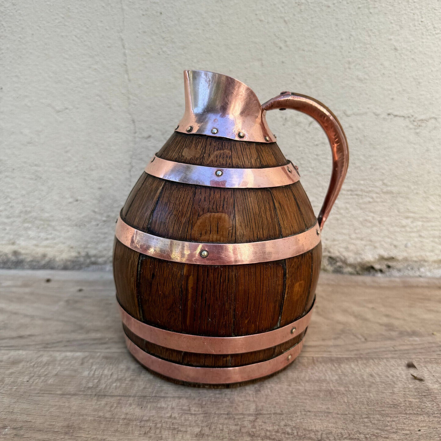 Vintage French Wooden Wine Cider Jug Pitcher Staved Wood Metal 7" 12062418 - Fleamarketfrance