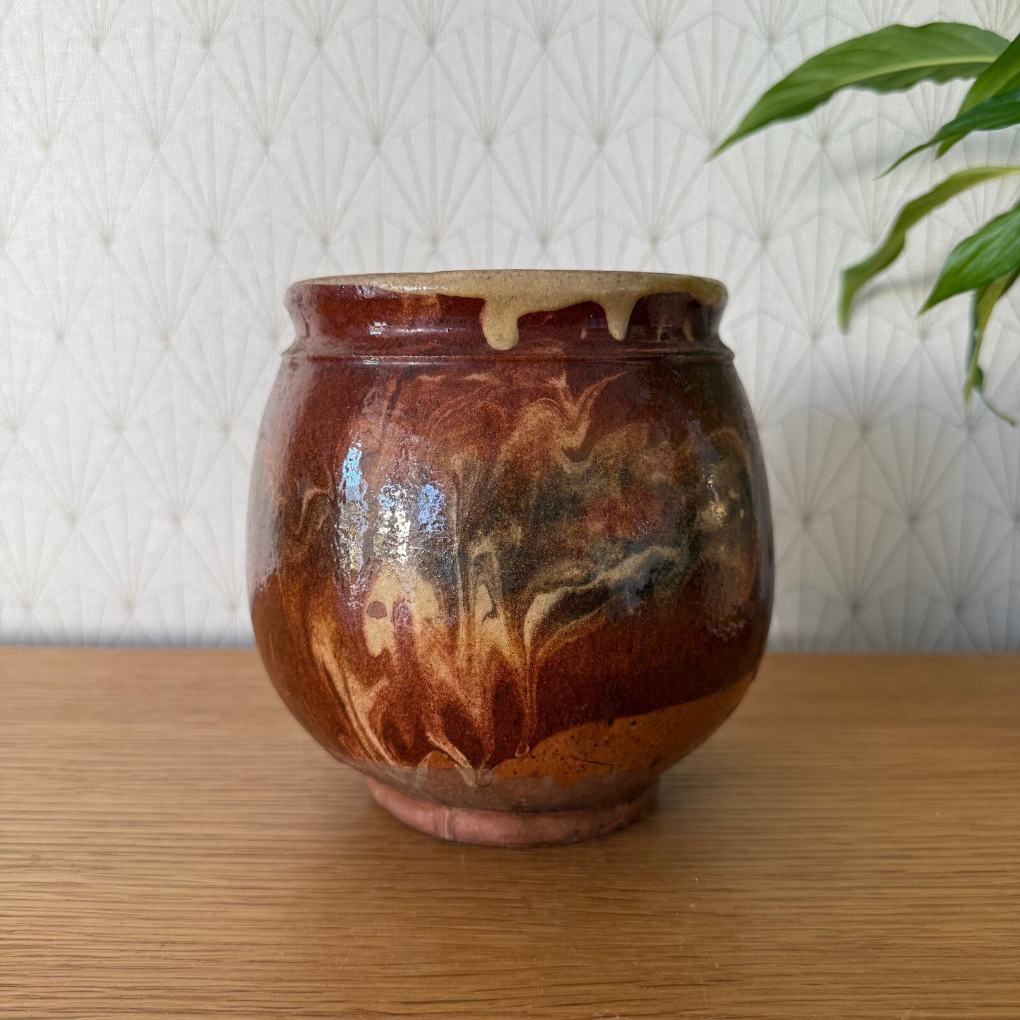HANDMADE GLAZED RED YELLOW ANTIQUE FRENCH HONEY POT TERRACOTTA 1904258