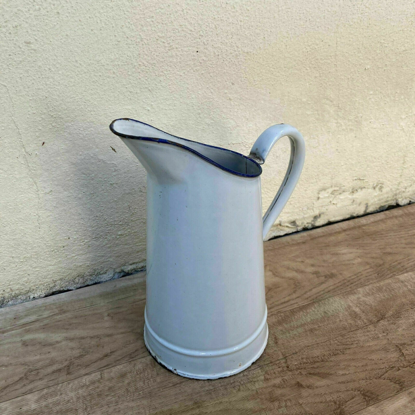 French Enamel Pitcher White Blue Rim Vintage Farmhouse Water Jug 31102111 Fleamarketfrance