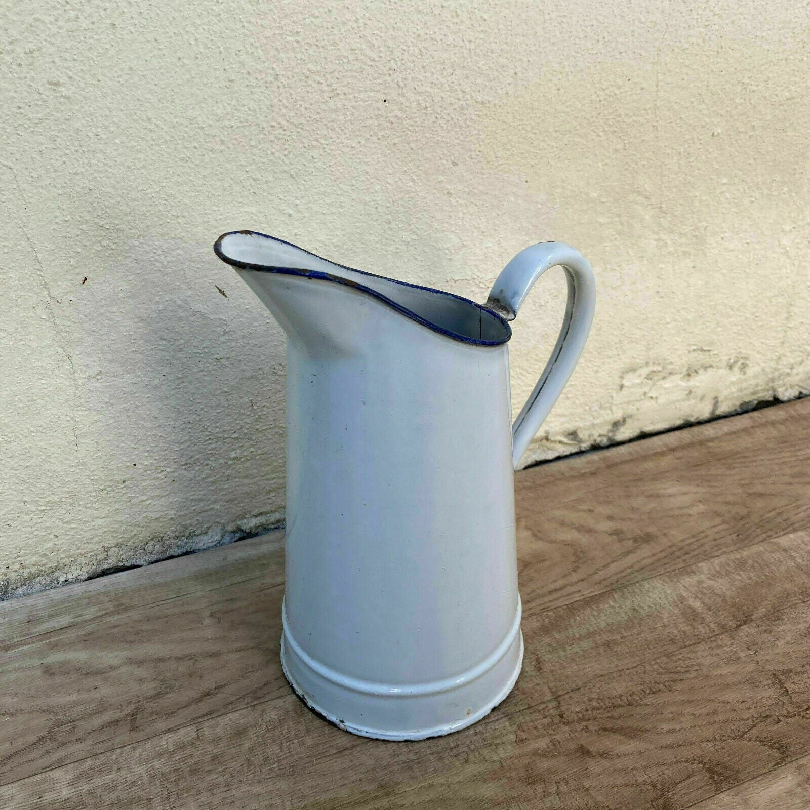 French Enamel Pitcher White Blue Rim Vintage Farmhouse Water Jug 31102111 Fleamarketfrance