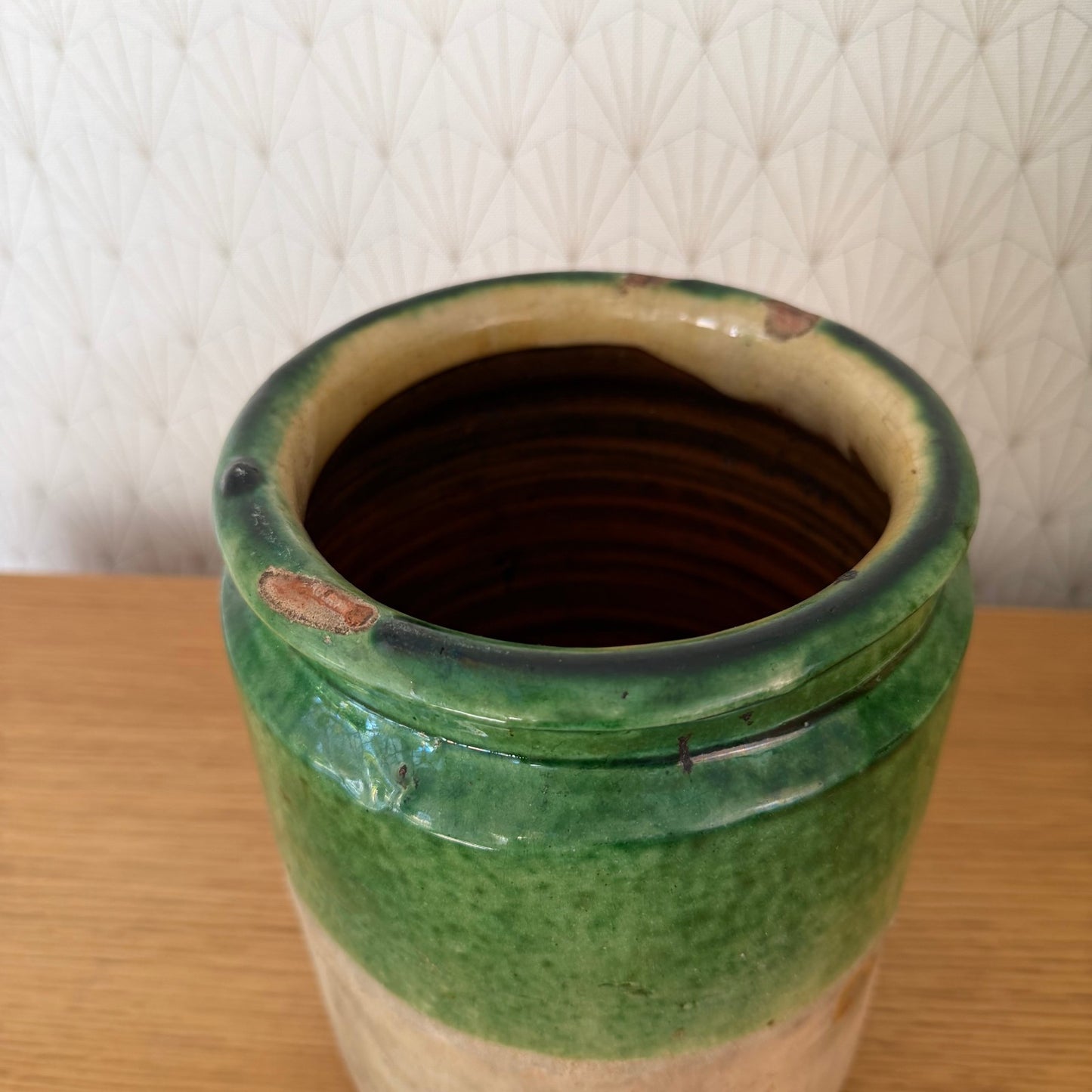 HANDMADE GLAZED GREEN ANTIQUE FRENCH CONFIT POT 8 1/2" TERRACOTTA  20102516