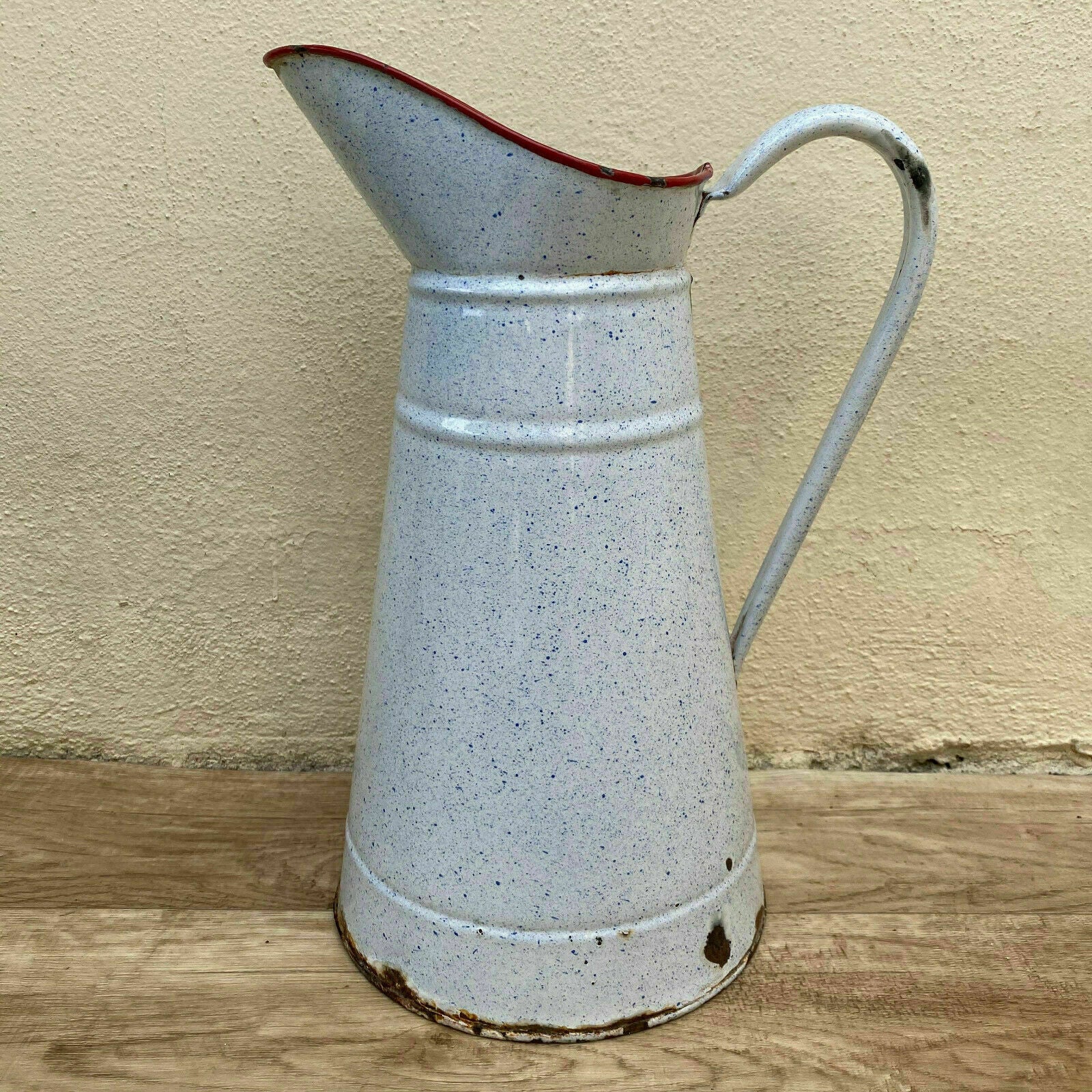 Vintage French Enamel Pitcher White Red Rim Graniteware Water Jug 08112010 Unbranded