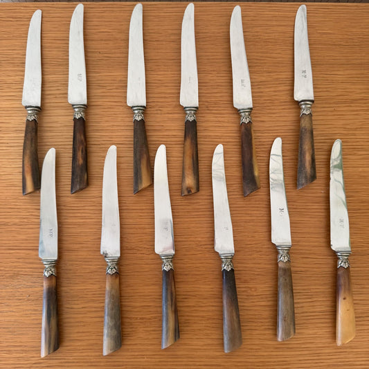 Antique French Dinner Steak Knives Horn Handles Silver Collar 12pcs 0302267 Unbranded