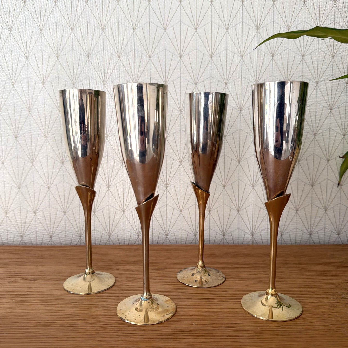 Vintage 4 silver gold champagne flutes silverplate glasses set 1805268 International Silver
