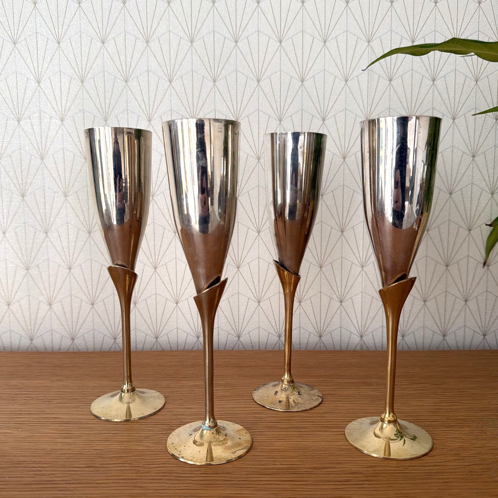 Vintage 4 silver gold champagne flutes silverplate glasses set 1805268 International Silver