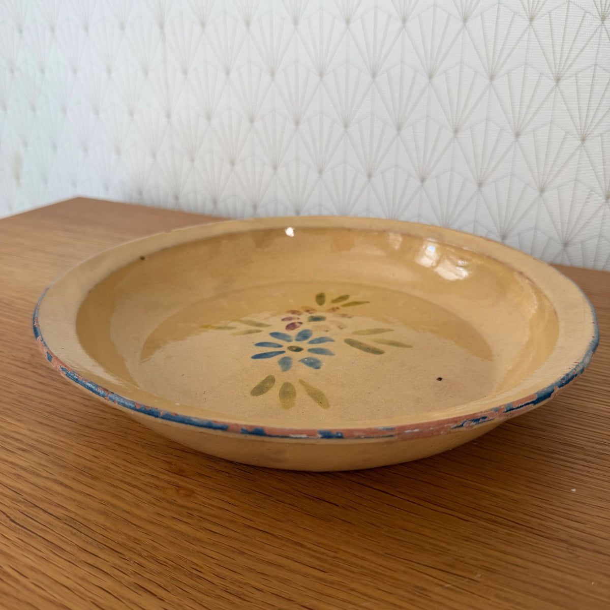 Antique French Terracotta Plate Ochre Glaze Floral Decor 04092627