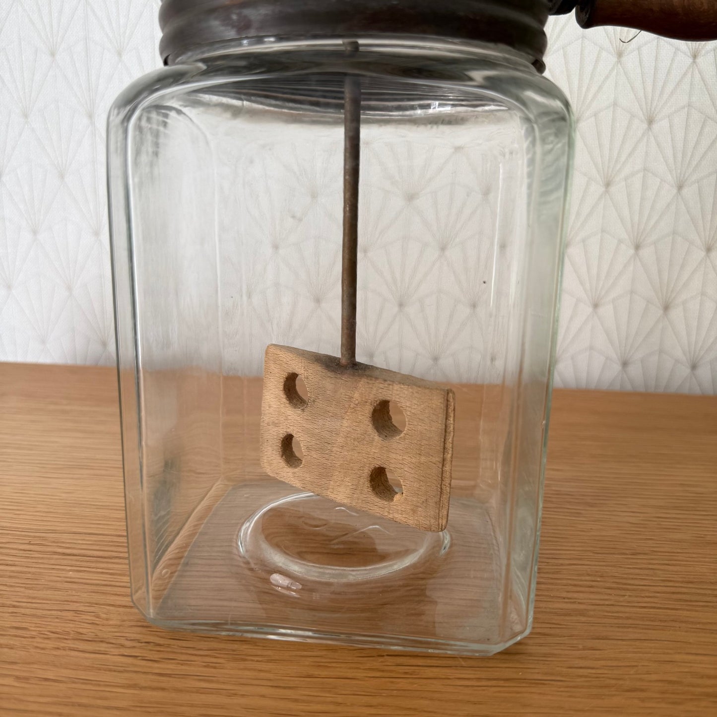 Original French Butter Churn Glass Jar Wood Paddle Good Condition 04092513