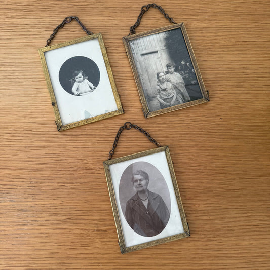 Set of 3 Vintage french Brass Frame Glass photo hanged wall mounted 0211252