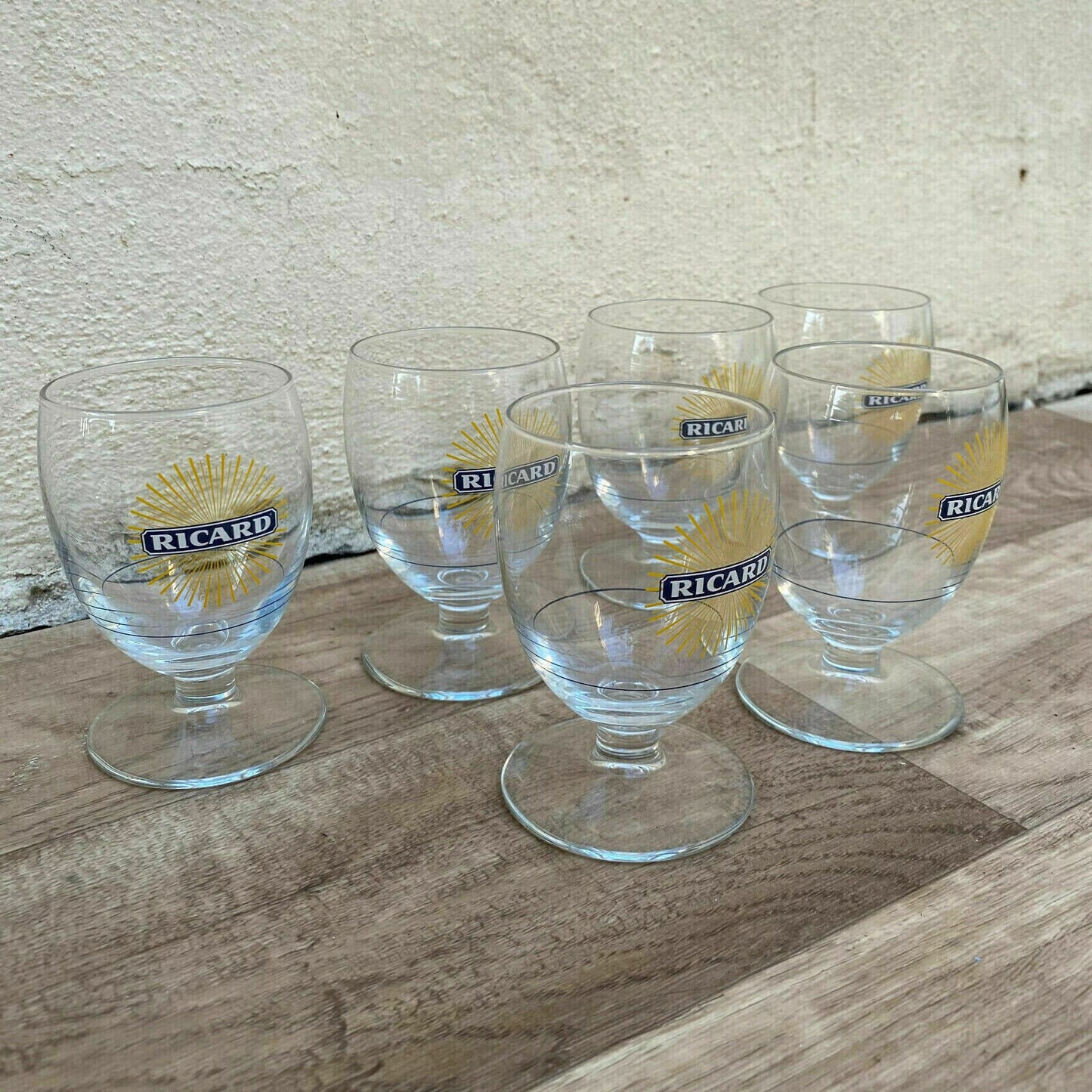 6 FRENCH RICARD ANISETTE PASTIS GLASSES WITH SUNBURST MOTIF 1001253 - Fleamarketfrance