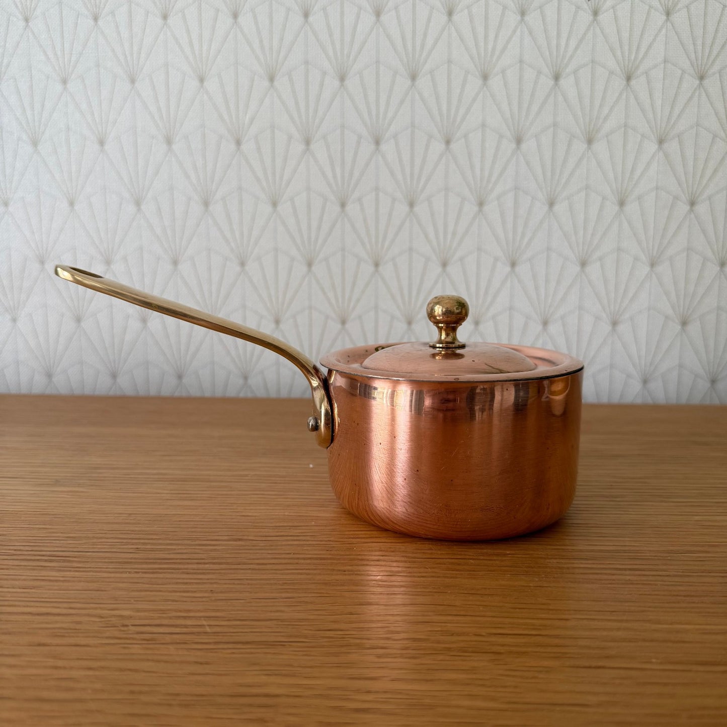 French Copper Saucepan Villedieu Brass Handle Lid Vintage 4" 25072510 villedieu