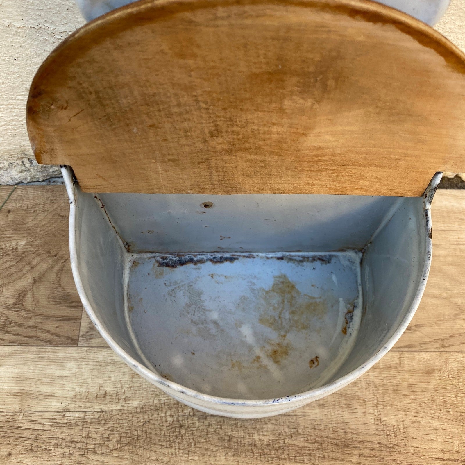 French Enamel Wall Mount Salt Box Container With Wood Lid 04072620 Unbranded