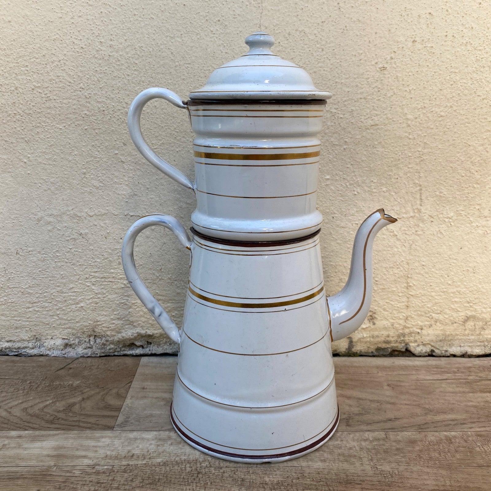 French Enamelware Drip Coffee Pot White Gold Stripes Vintage 04072619 Fleamarketfrance