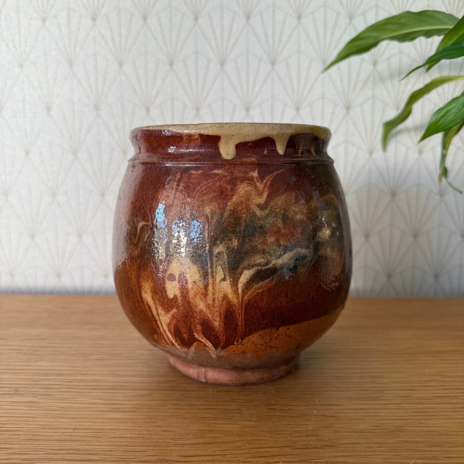 HANDMADE GLAZED RED YELLOW ANTIQUE FRENCH HONEY POT TERRACOTTA 1904258 Unmarked