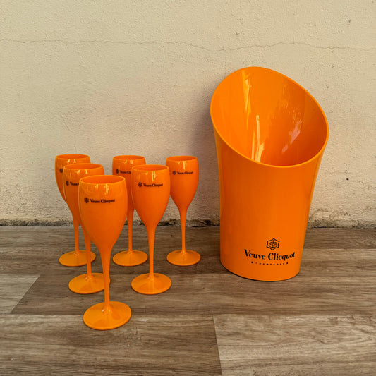 Veuve Clicquot Orange Plastic Champagne Flutes Ice Bucket Set 6 French 2501261 Veuve Clicquot