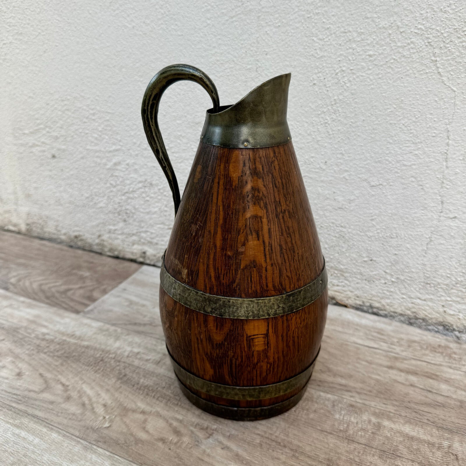 French Wooden Wine Pitcher Vintage Oak Cider Jug Metal Bands 9.75" 22072416 Fleamarketfrance