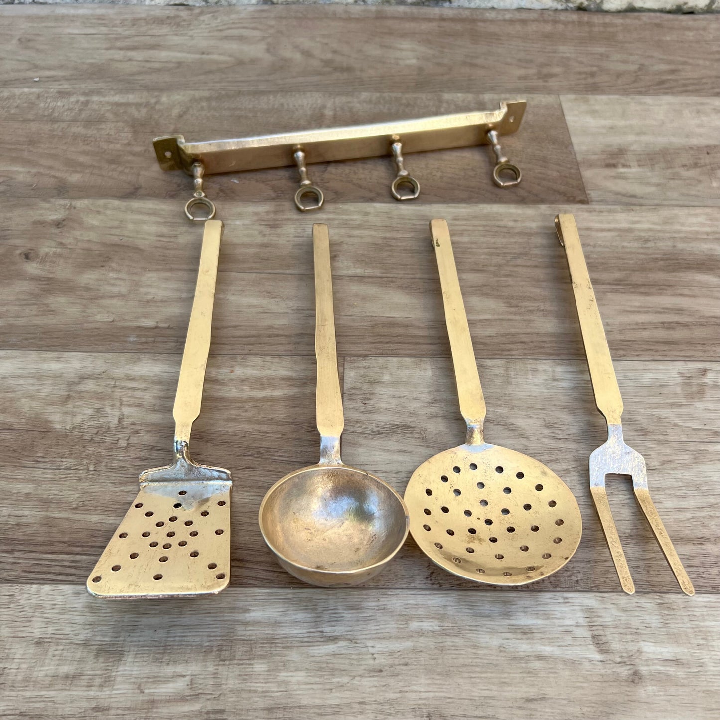 Vintage French Brass Kitchen Utensils Set 4 Pieces Hanging Bar 2307227 Unbranded
