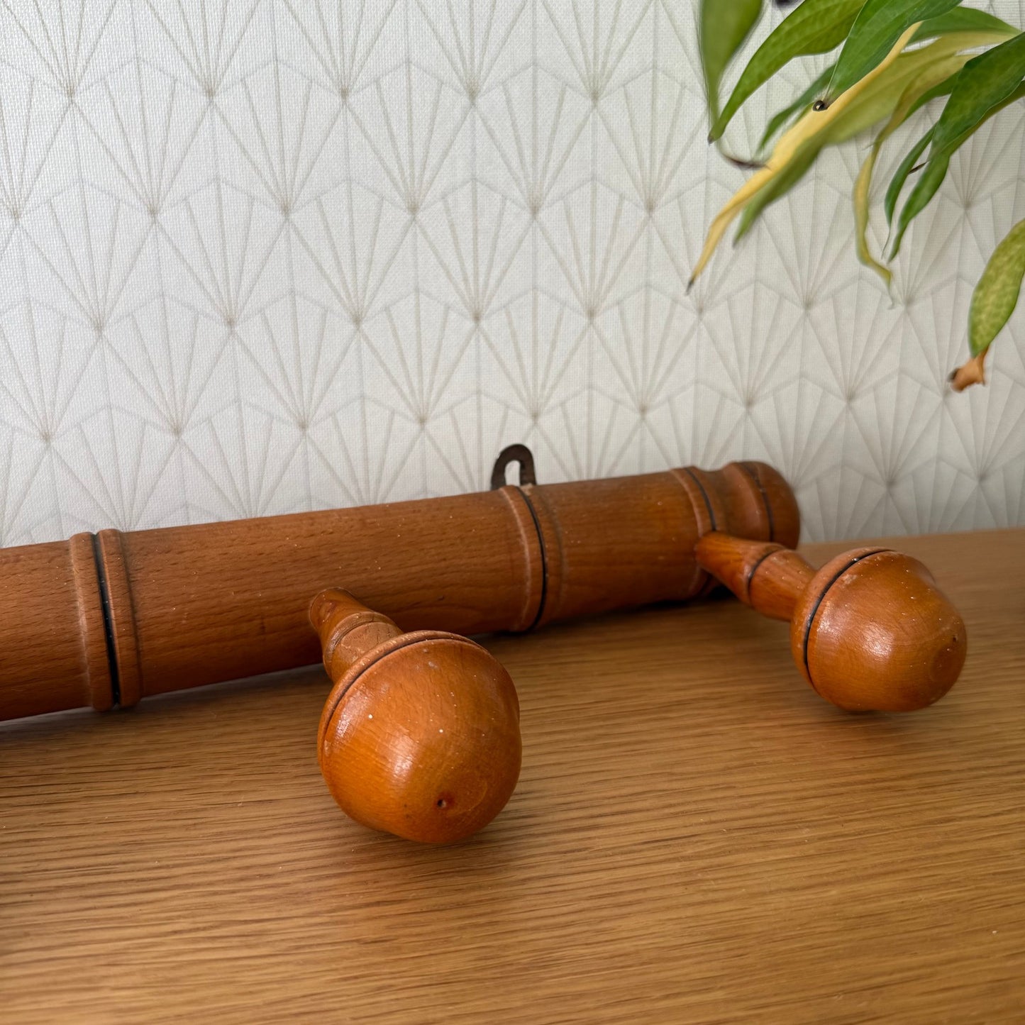 Antique Wooden French Coat Hook Hat 5 Pegs Hanger Faux Bamboo rack 0307259