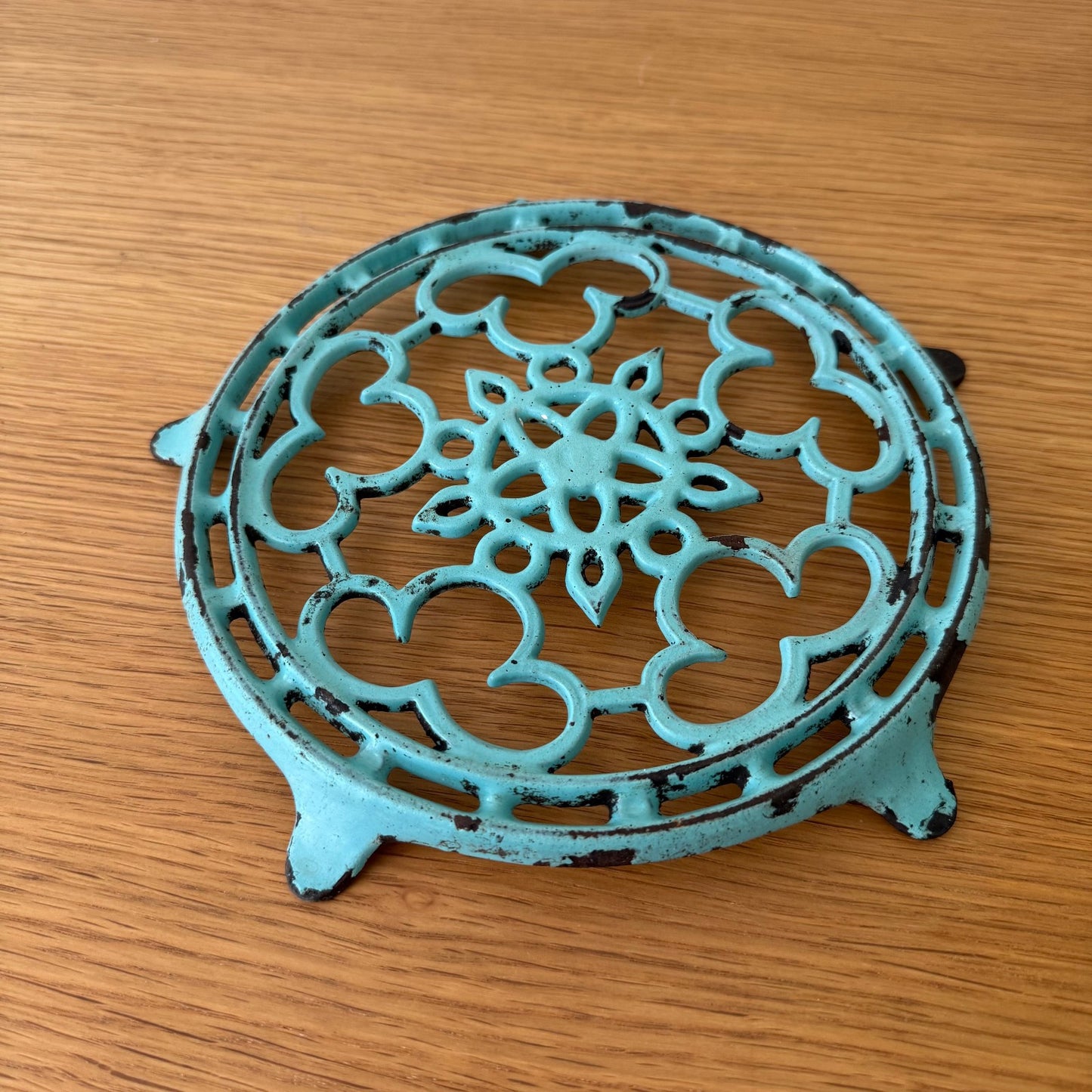 Antique vintage french Cast iron kitchen Trivet  france blue turquoise 2307254