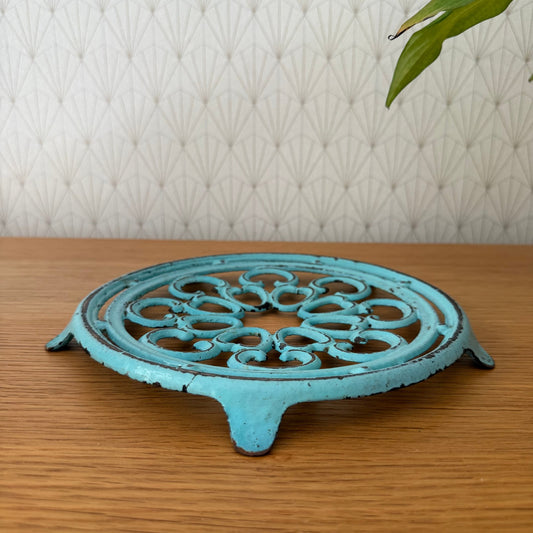 Antique vintage french Cast iron kitchen Trivet  france blue turquoise 0807258
