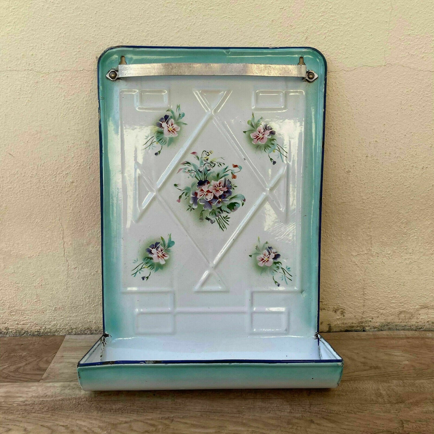 Vintage French Enamel Wall Holder Teal Floral Kitchen Utensil Rack 18042121 Fleamarketfrance