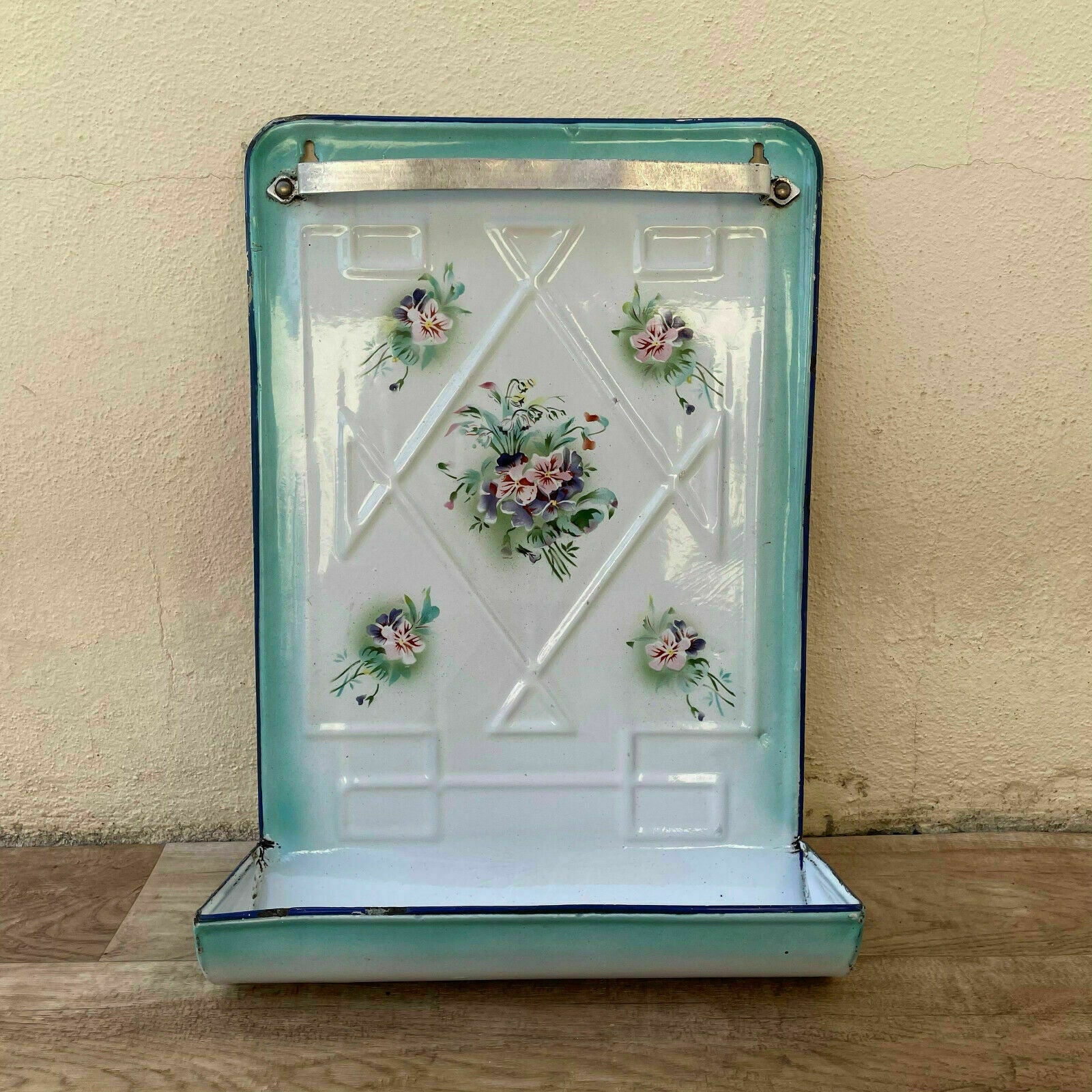 Vintage French Enamel Wall Holder Teal Floral Kitchen Utensil Rack 18042121 Fleamarketfrance