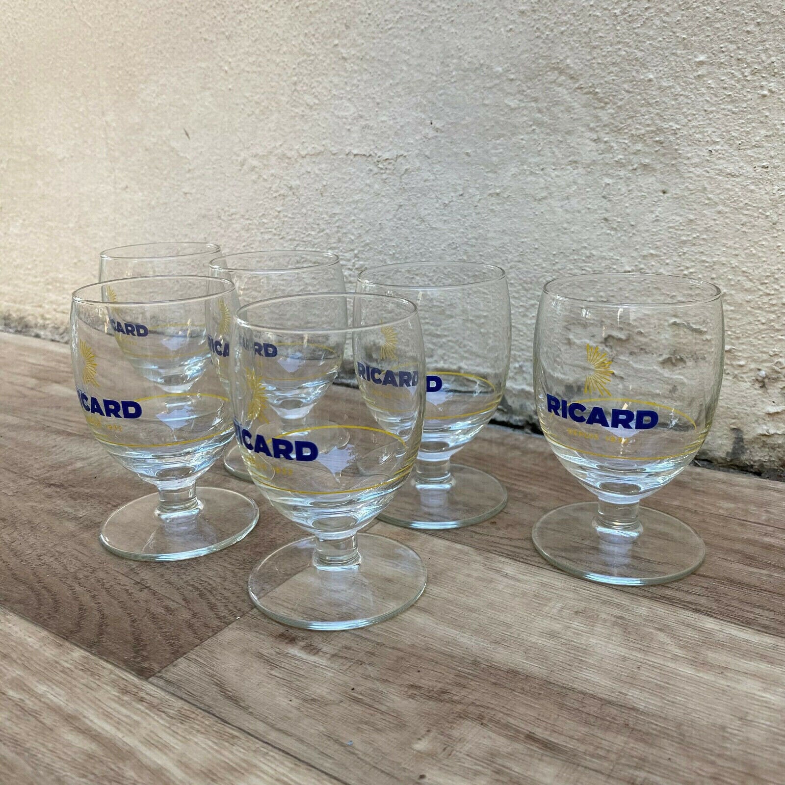 6 FRENCH RICARD ANISETTE PASTIS GLASSES WITH SUNBURST MOTIF 1001255 - Fleamarketfrance