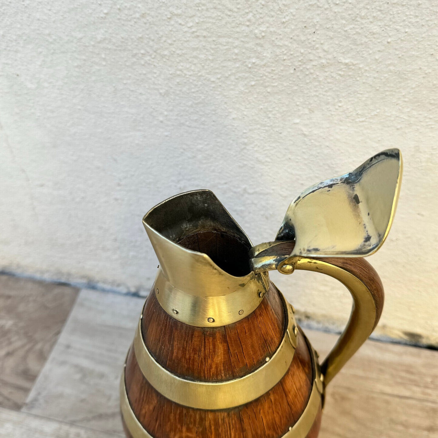 Vintage French Wooden Wine Cider Jug Pitcher Staved Wood Metal 9 1/4" 04052410 - Fleamarketfrance