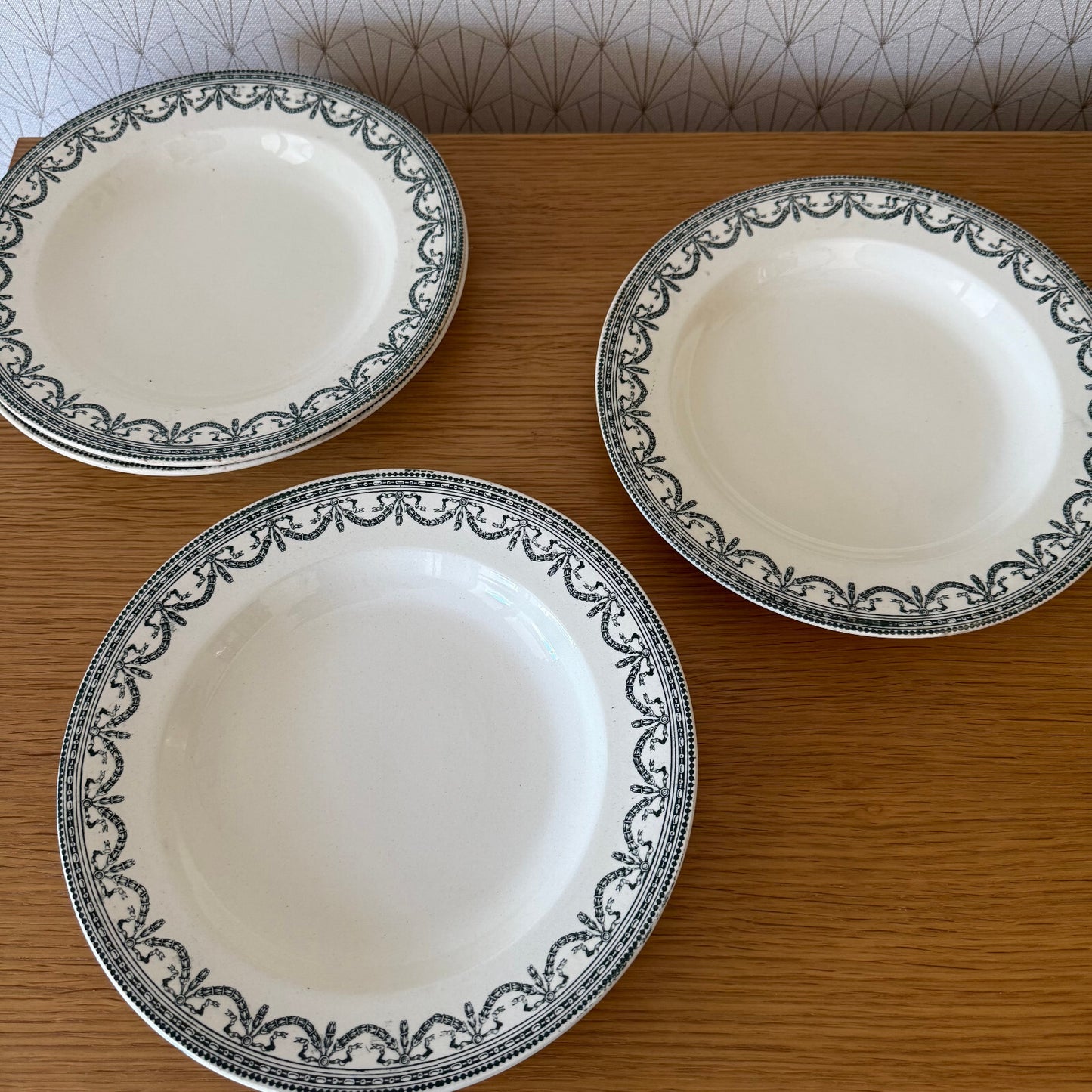 French Antique Ironstone Soup Plates Salins Louis XVI Garland 19th C 0505256 salins