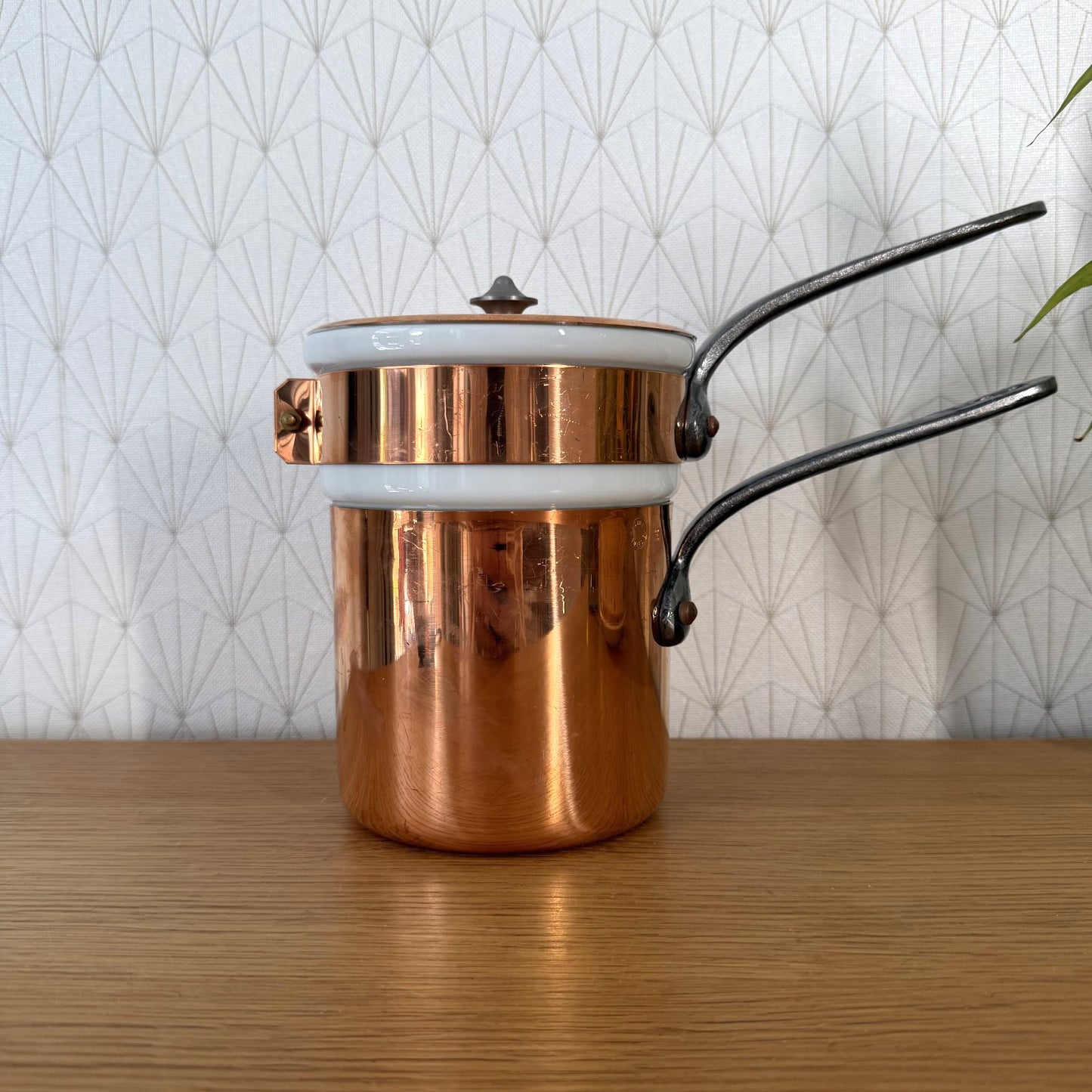 Mauviel Villedieu French copper bain marie double boiler with white porcelain insert and black handles