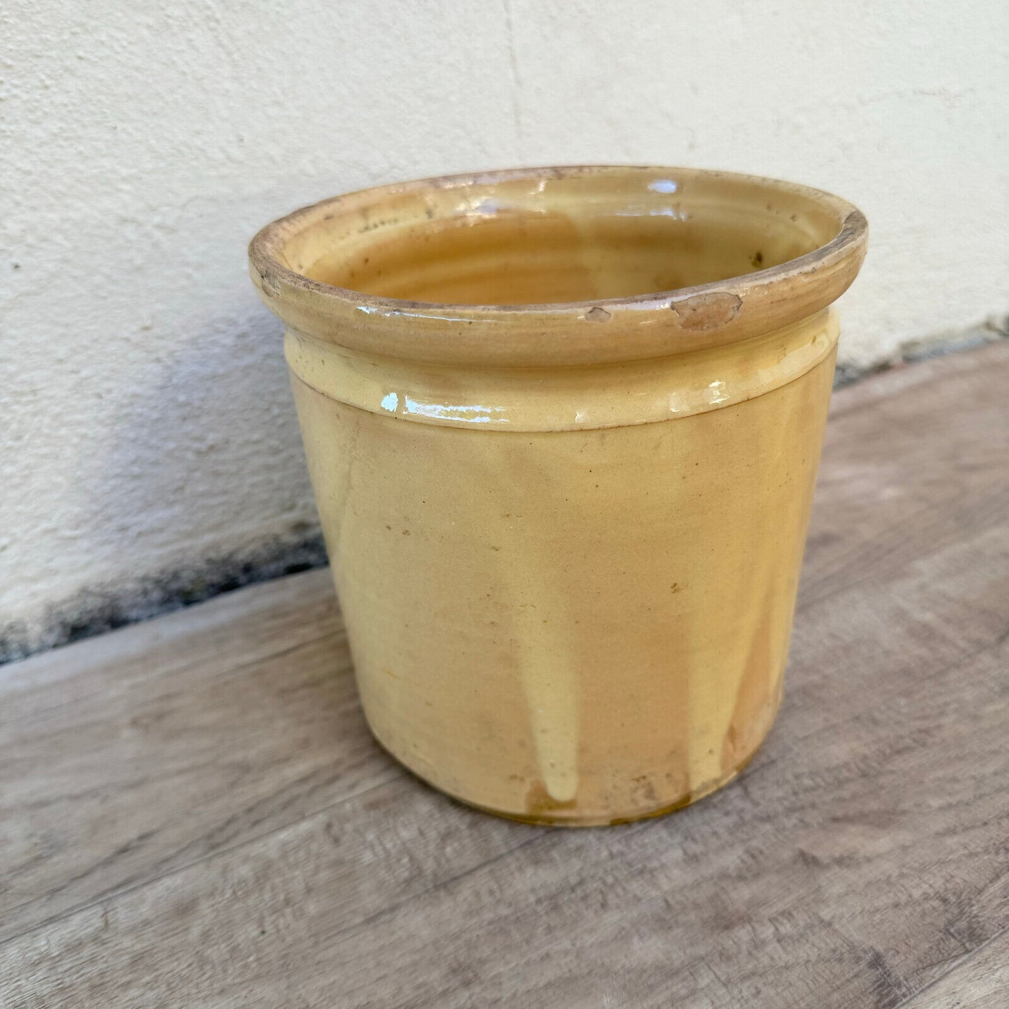 HANDMADE GLAZED YELLOW ANTIQUE FRENCH CONFIT POT TERRACOTTA 6" 0410234 - Fleamarketfrance