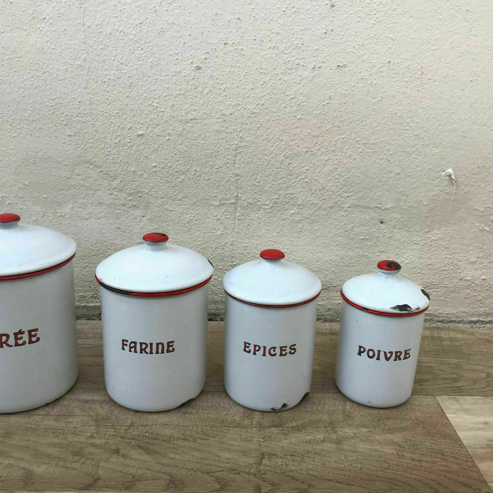 Bistro Francais Canister Set French Enameled France Vintage 1900 s 17011829 - Fleamarketfrance