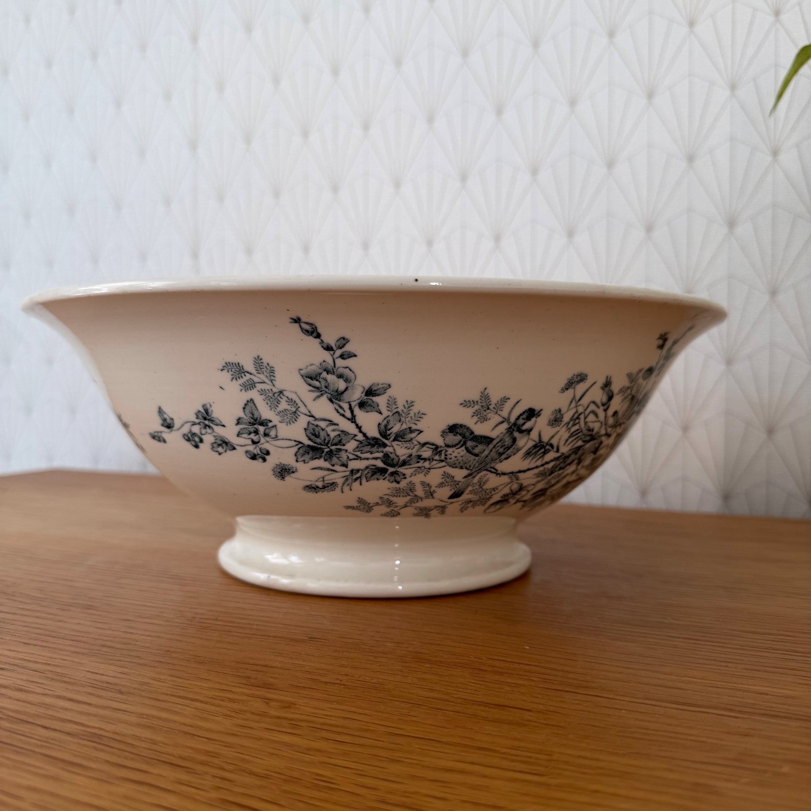 Base of antique Longwy pottery bowl showing printed Longwy Mignon mark and maker's details