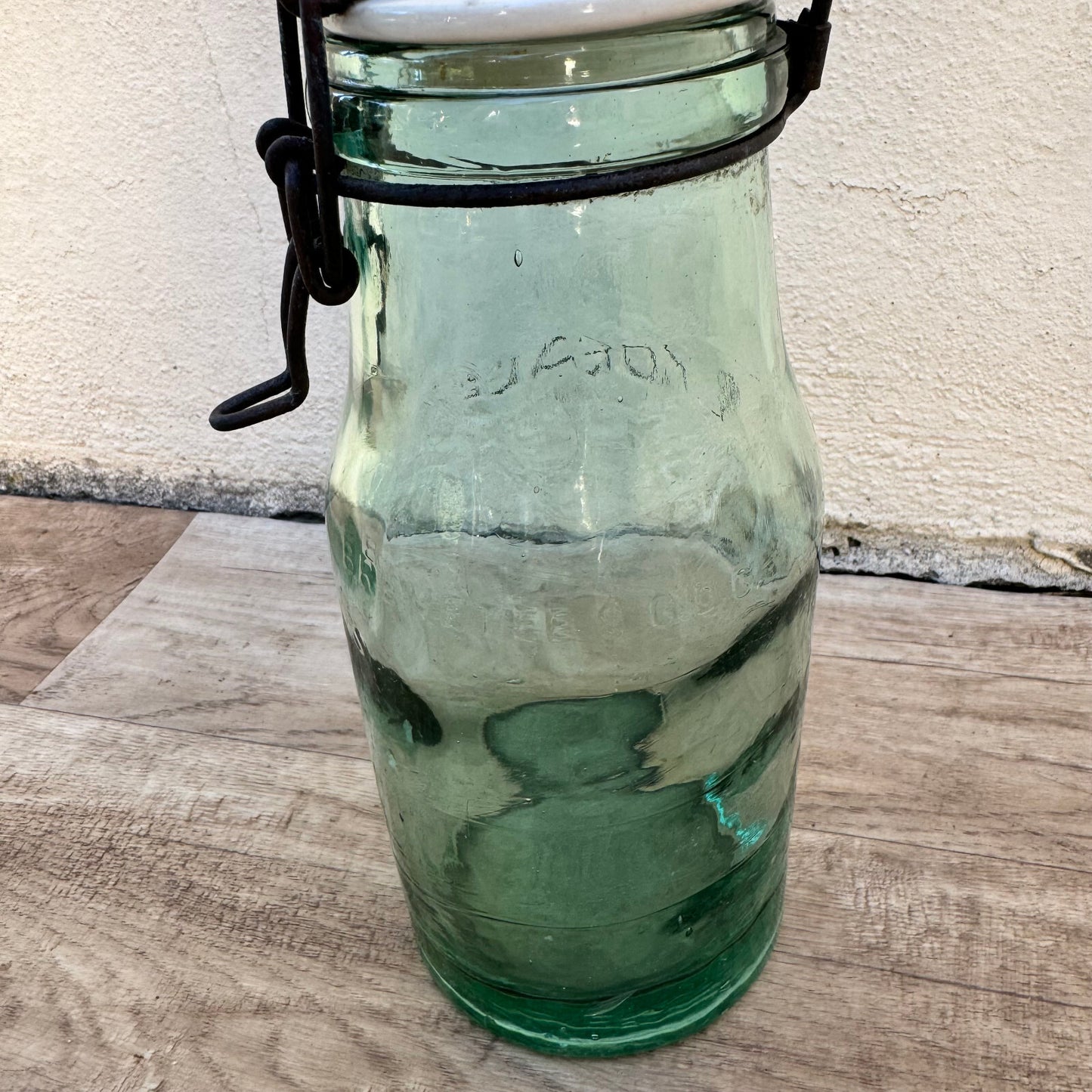 L'Ideal French Canning Jar Vintage Green Glass Porcelain Lid 9" 18102310 Fleamarketfrance