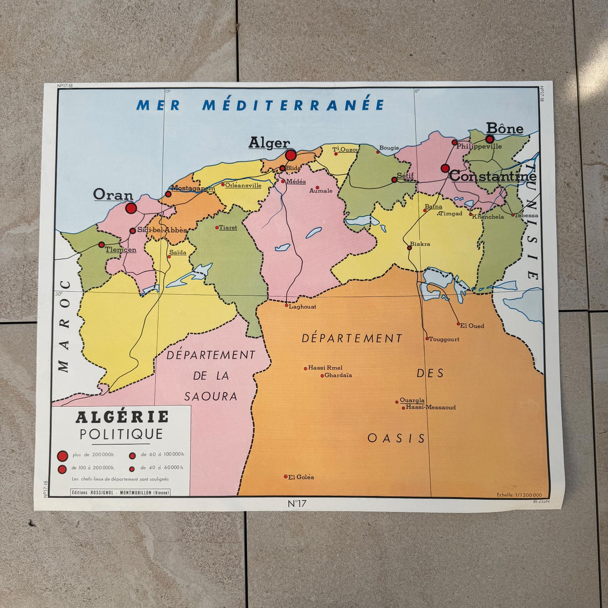 Vintage French School Map Poster Tunisia Algeria Geography 2008262 Fleamarketfrance