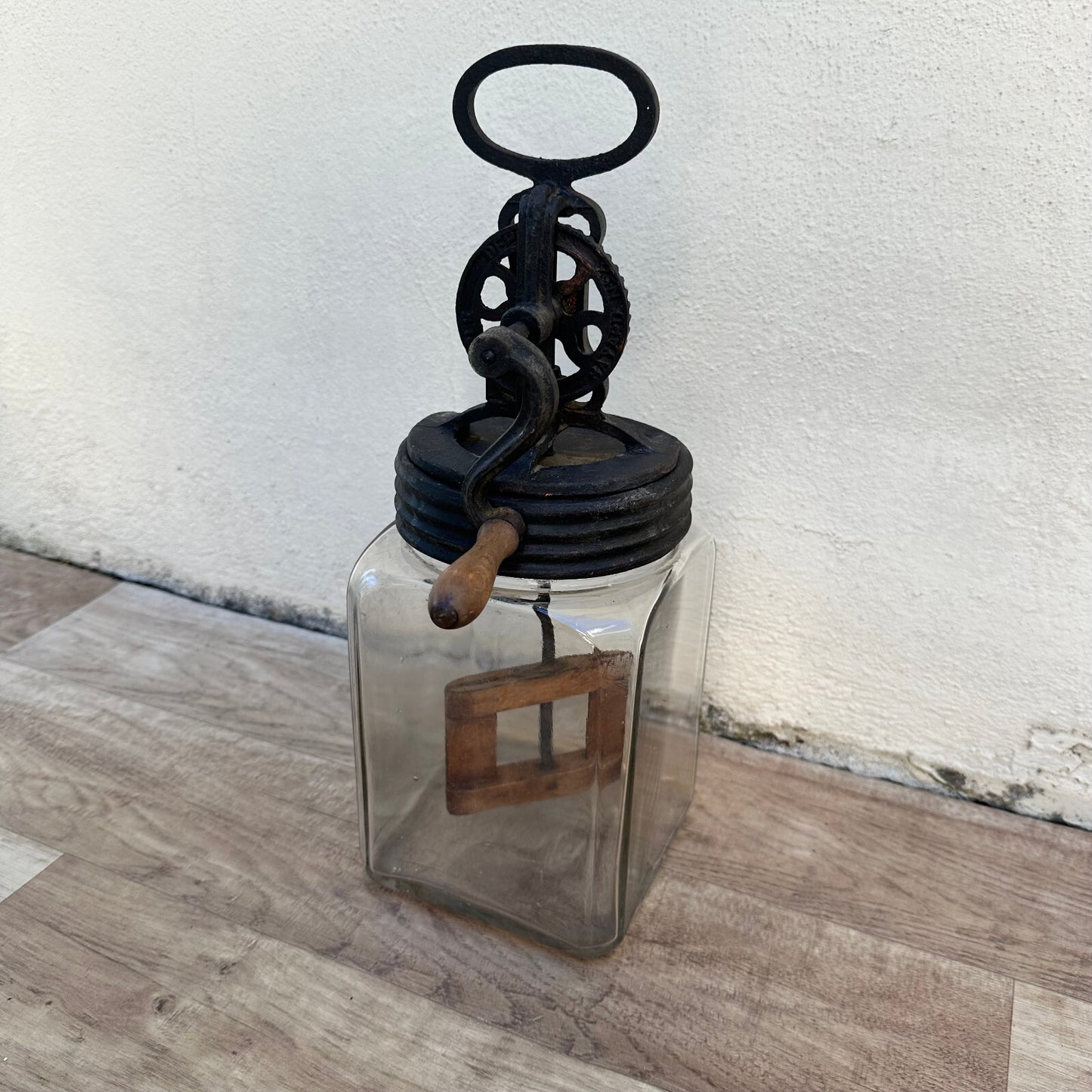 Vintage French Butter Churn Glass Jar Cast Iron Wood Paddle 1930s 2508241 Fleamarketfrance