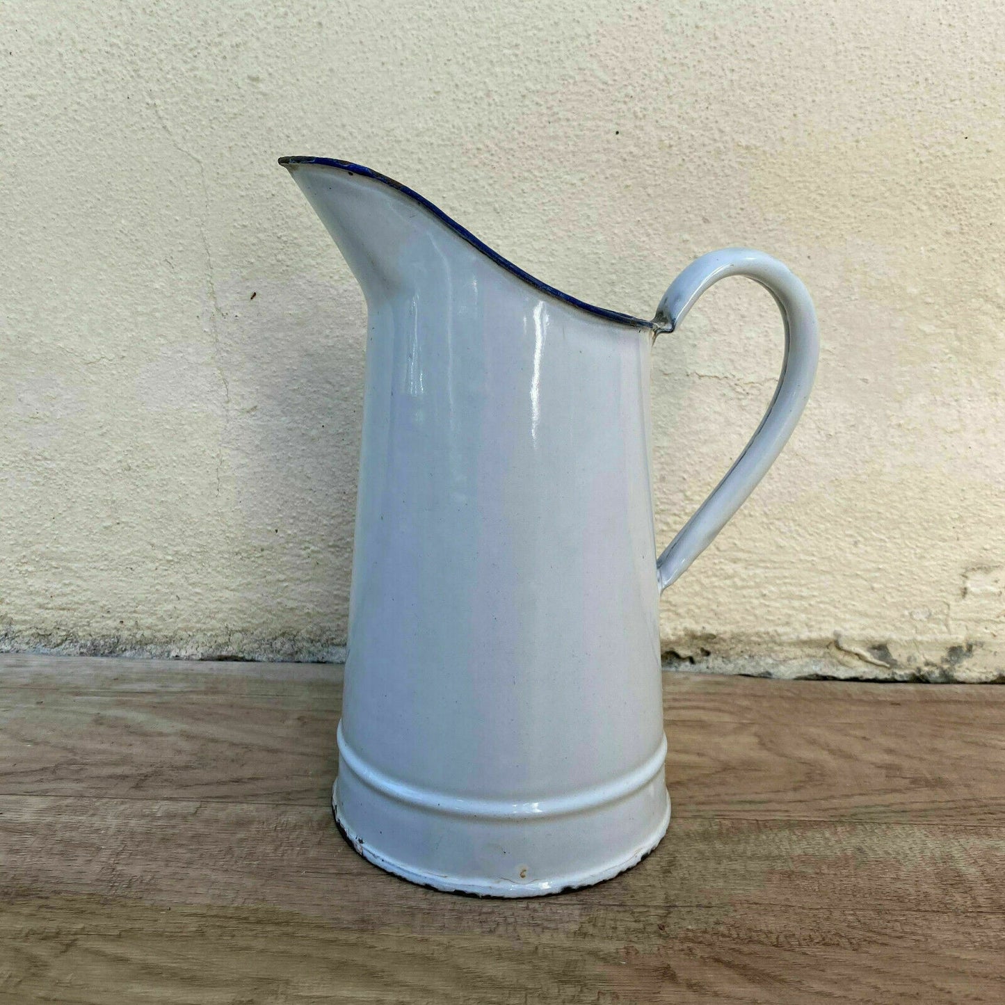 French Enamel Pitcher White Blue Rim Vintage Farmhouse Water Jug 31102111 Fleamarketfrance