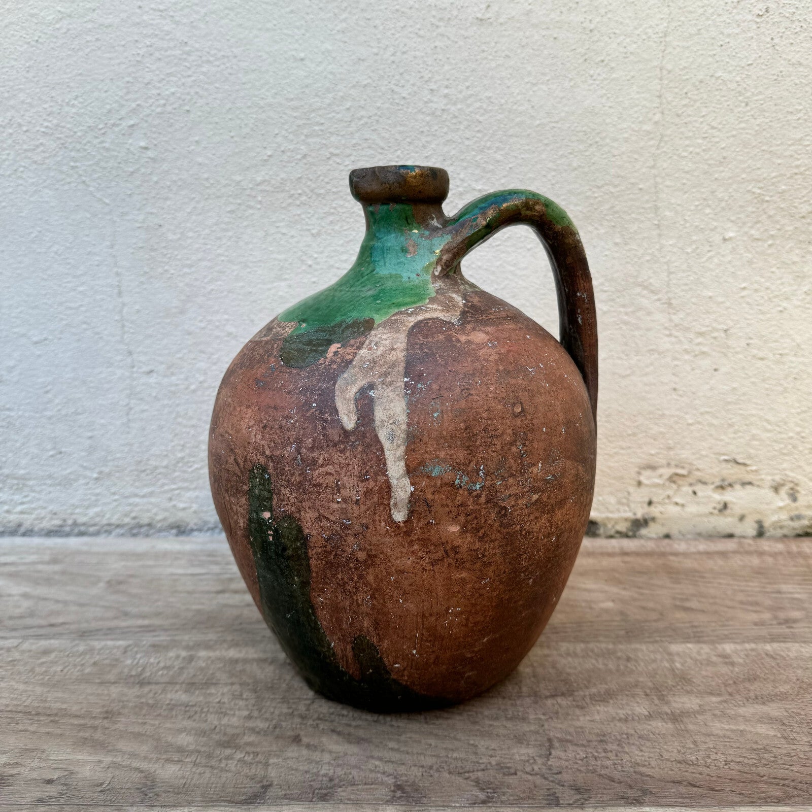 French Pottery Jug Vintage Terracotta Pitcher Green Glaze Country 2604241 Unmarked