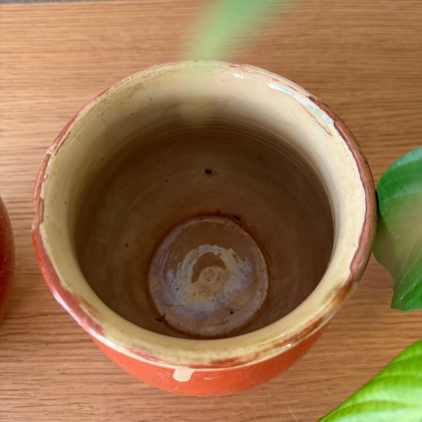 2 HANDMADE GLAZED RED YELLOW ANTIQUE 1850 FRENCH HONEY POTS TERRACOTTA 01122411 - Fleamarketfrance