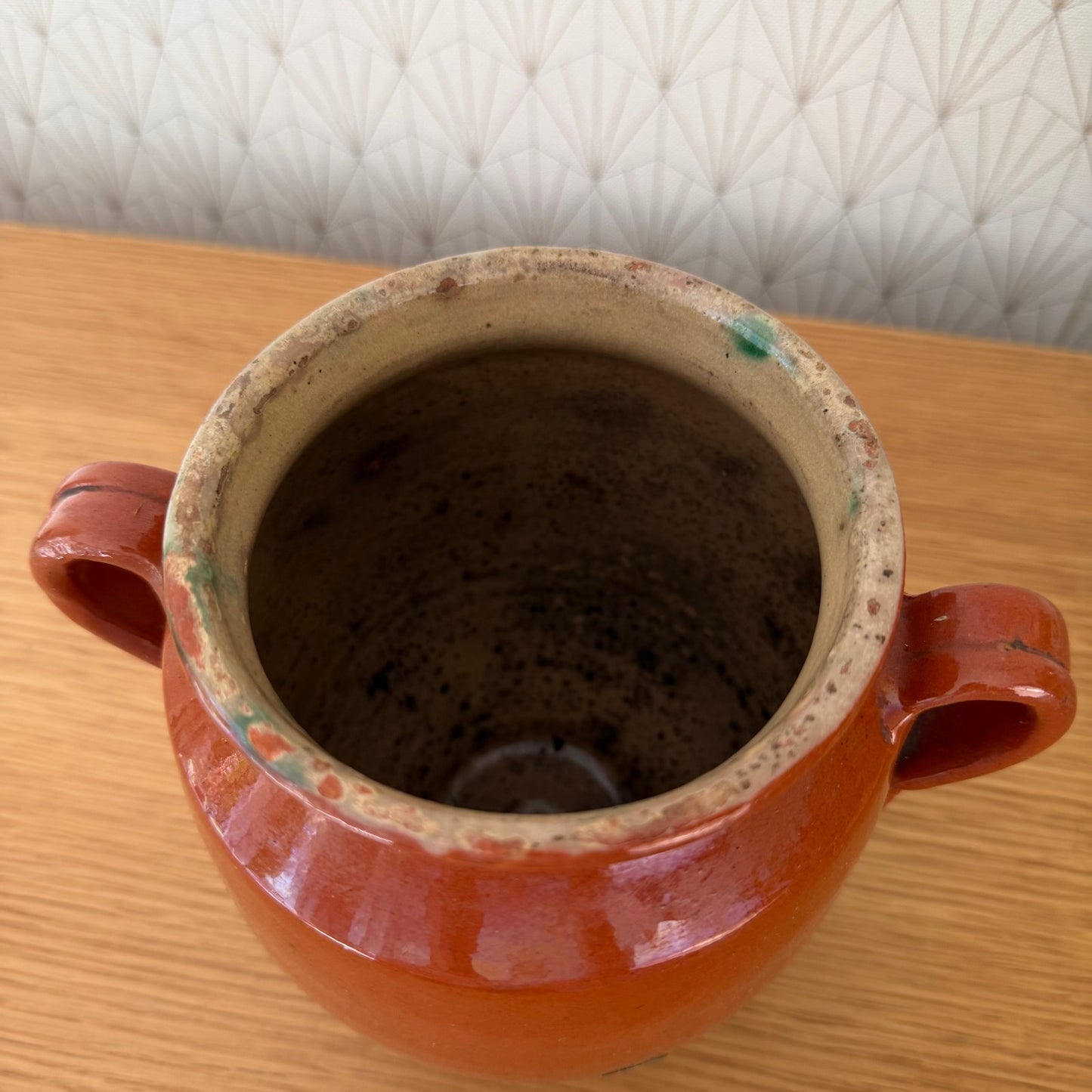 RARE 6 1/2" HANDMADE GLAZED TERRA COTTA ANTIQUE FRENCH CONFIT POT VASE 2210256