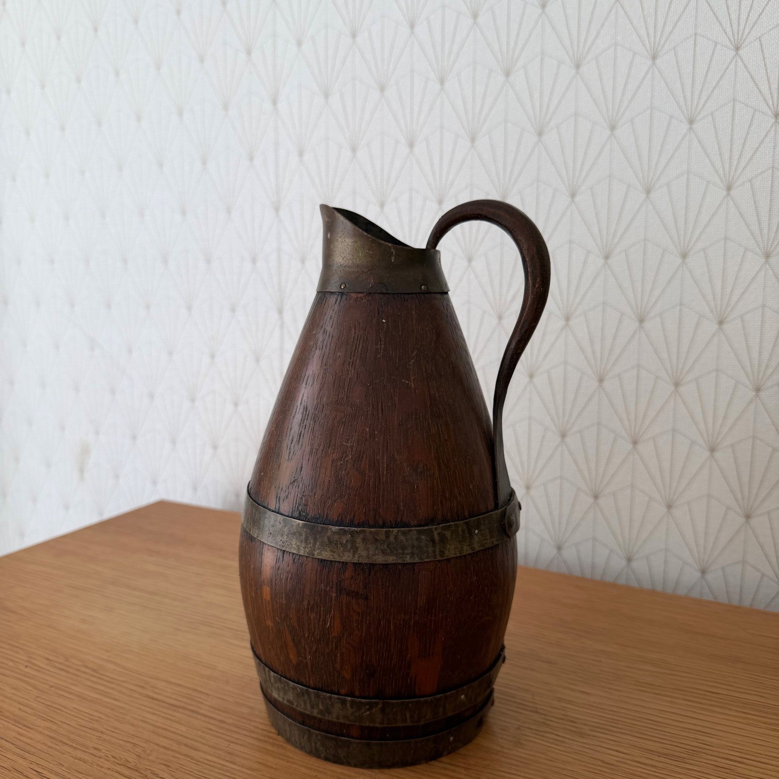 Antique French Wooden Wine Pitcher Metal Banded Staved Construction 0405262 Fleamarketfrance
