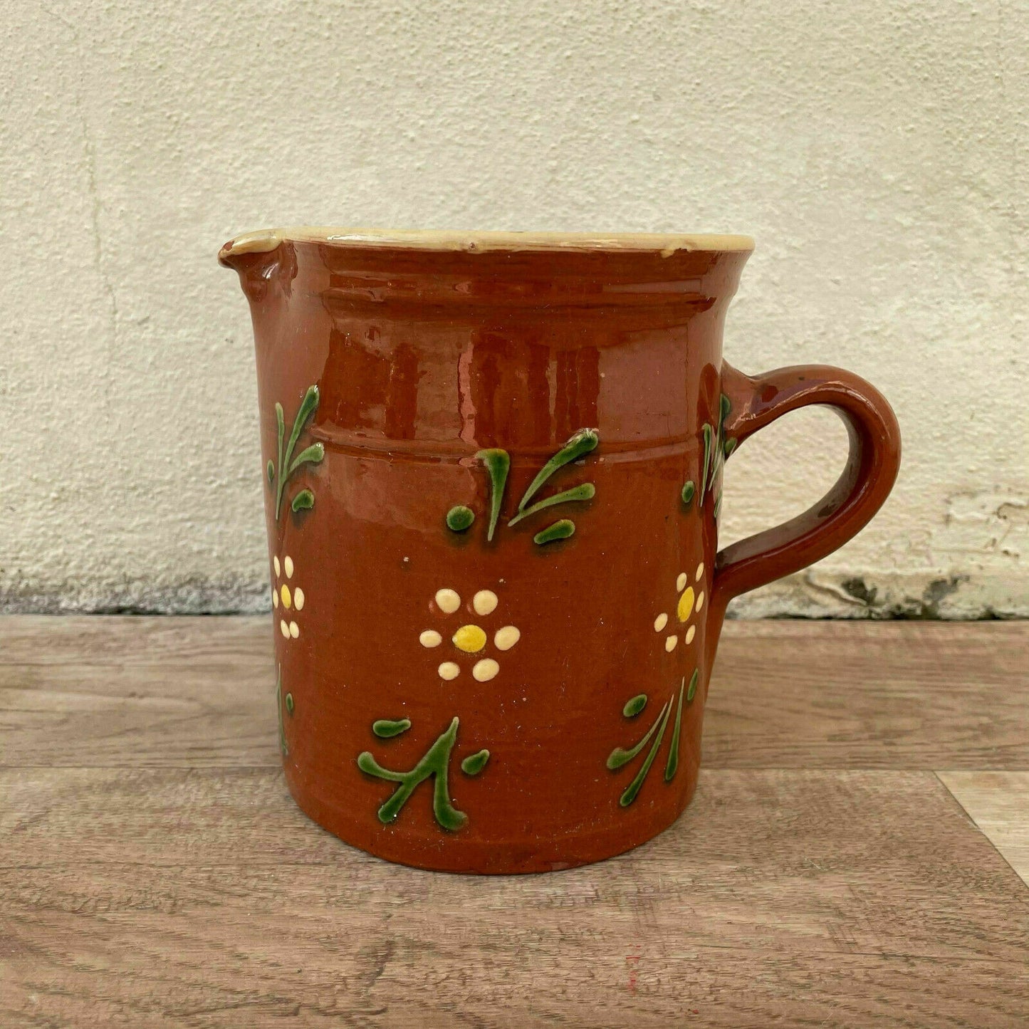 HANDMADE GLAZED GREEN BROWN VINTAGE FRENCH PITCHER TERRACOTTA 0904214 - Fleamarketfrance