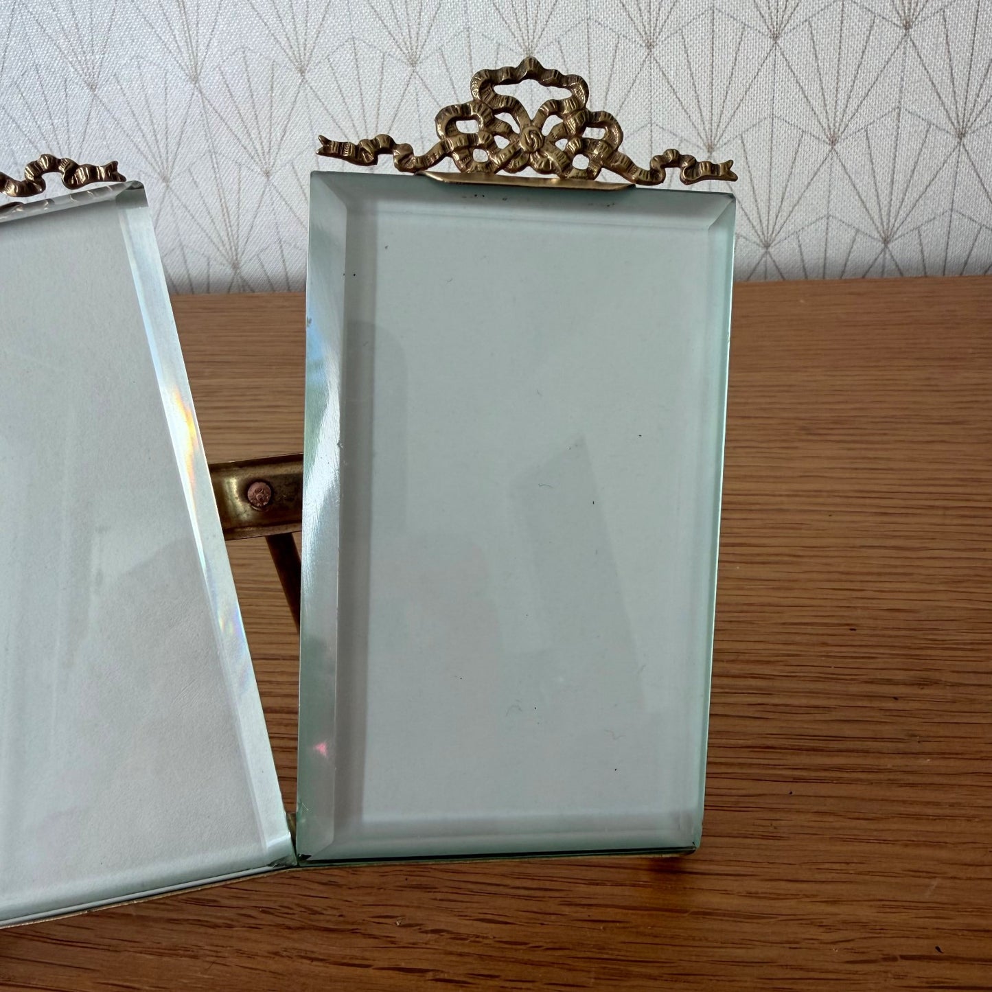 French Vintage Brass Double Photo Frame Ribbon Bow Beveled Glass 27062616 Fleamarketfrance