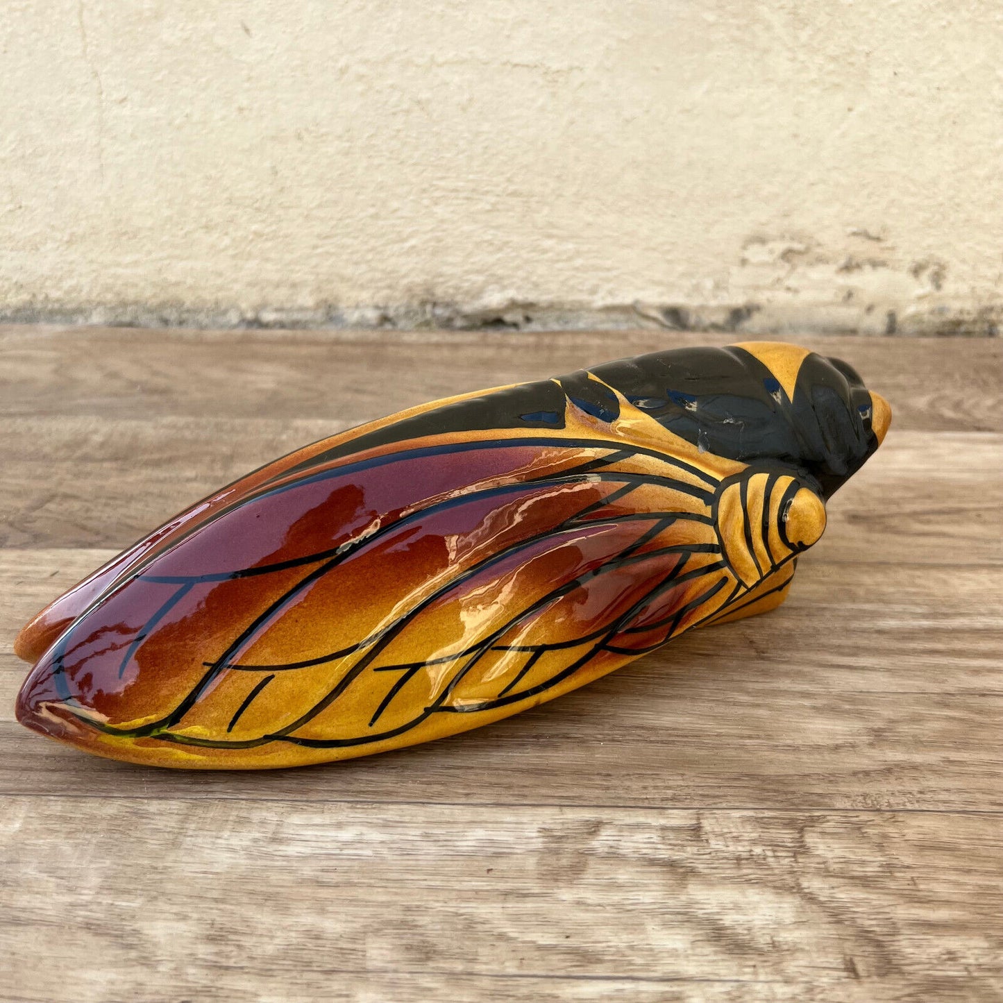 Vintage French MAJOLICA CICADA WALL POCKET VASE Provence BIG 12102419 - Fleamarketfrance